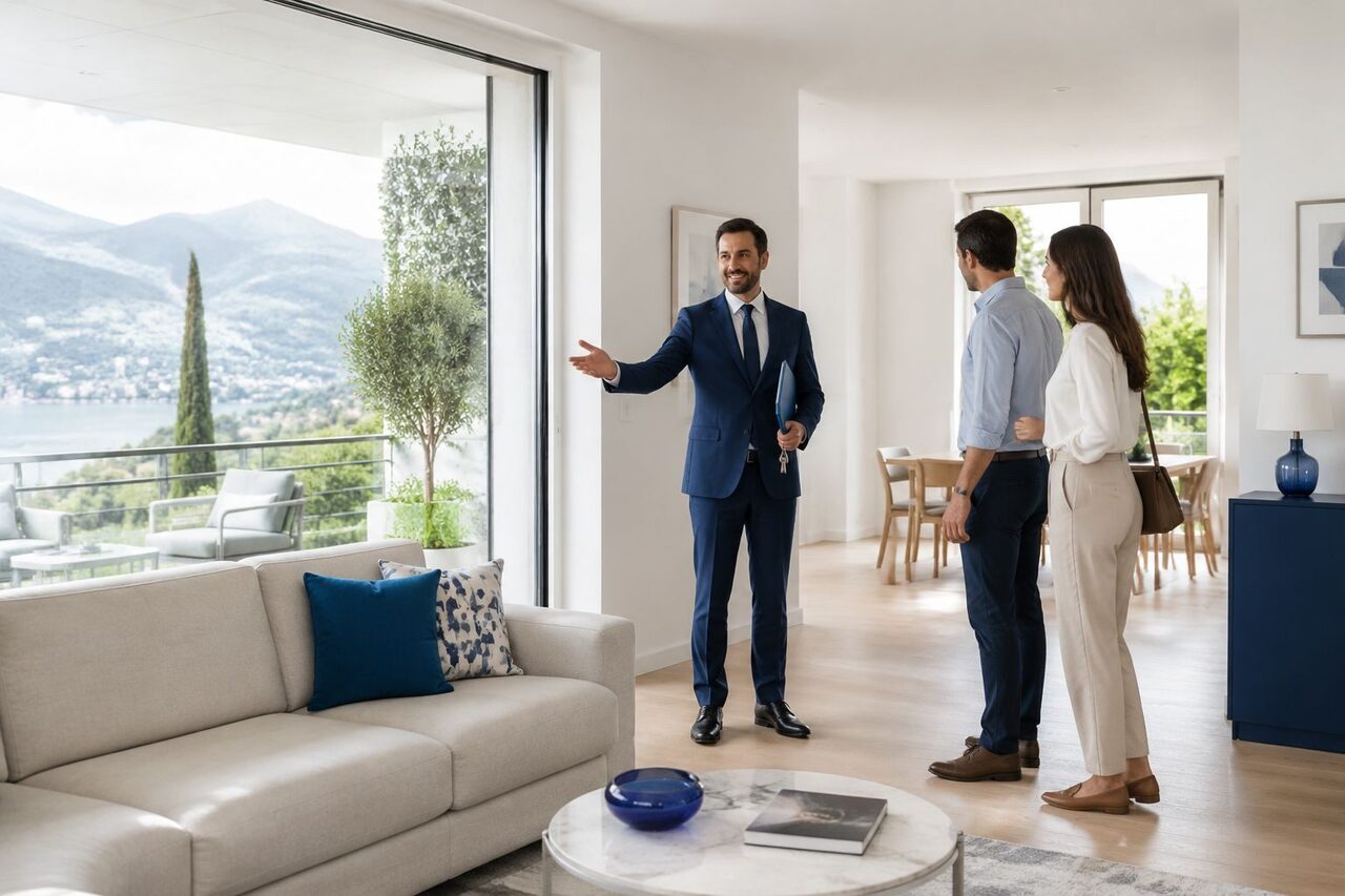 Un agente immobiliare mostra a una coppia il soggiorno luminoso di un appartamento con vista sul lago.