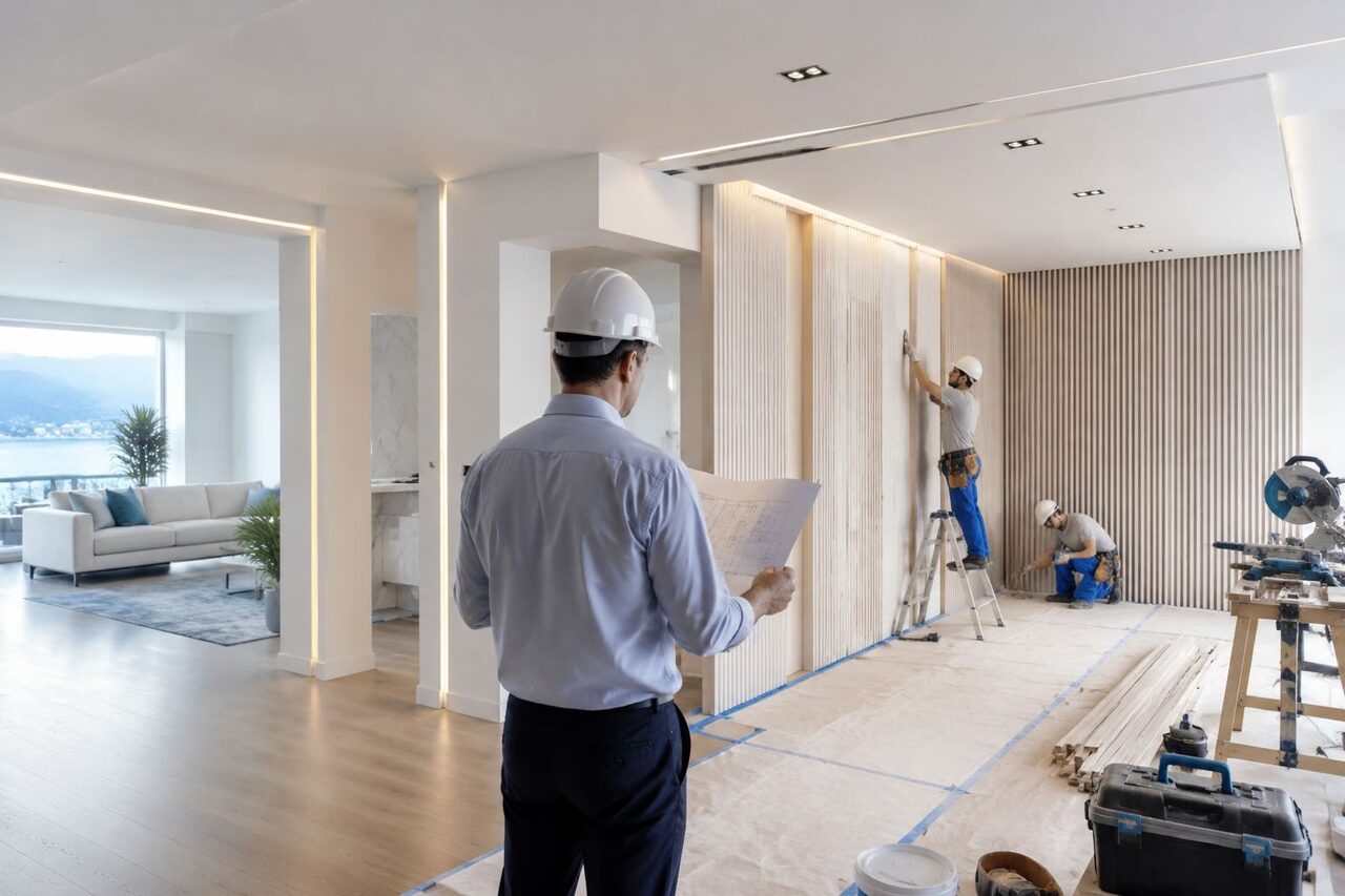 Un direttore dei lavori con elmetto consulta una planimetria mentre due operai rivestono una parete in legno.